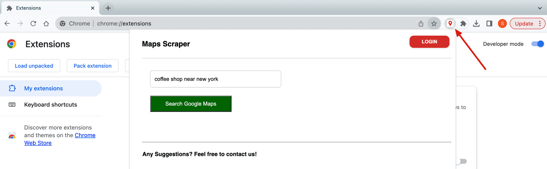 Google Maps Scraper extension ready to extract data