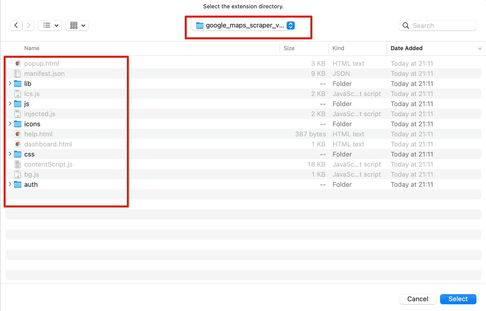 Select the Google Maps Scraper folder you extracted earlier